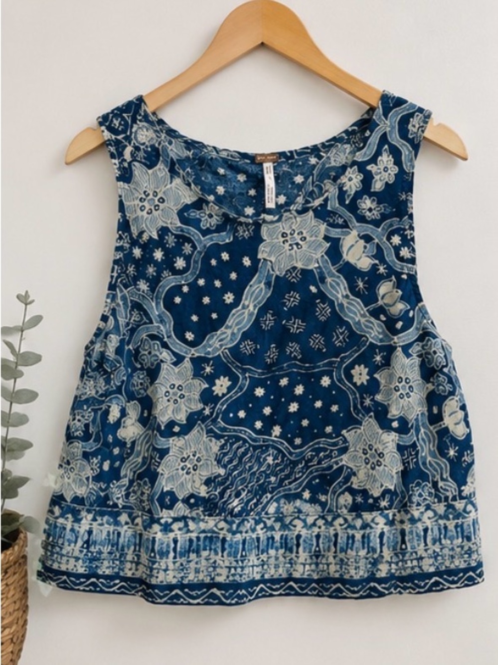 Free People Indigo Floral Print Tank Top peek-a-boo back with bow